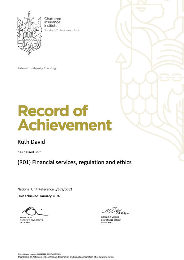 R01 Certificate My R01 exam certificate (financial services, regulation and ethics)