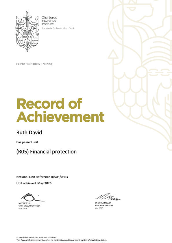 R05 Certificate My R05 exam certificate (financial protection)